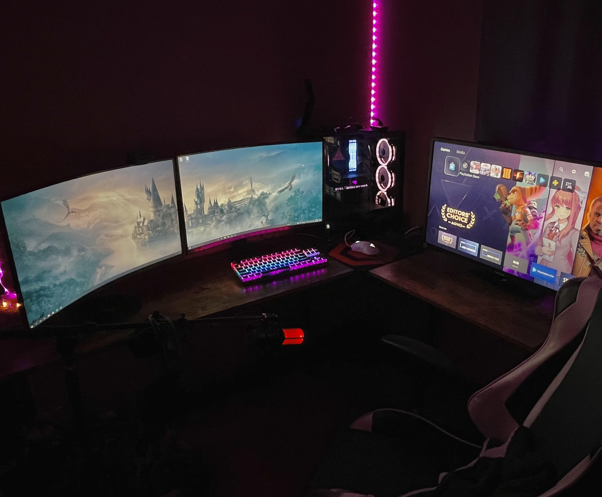 Billy Smith gaming setup with ultrawide monitors, desktop PC, and pink lighting